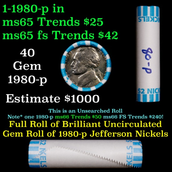 BU Shotgun Jefferson 5c roll, 1980-p 40 pcs Bank $2 Nickel Wrapper