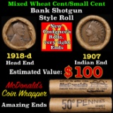 Lincoln Wheat Cent 1c Mixed Roll Orig Brandt McDonalds Wrapper, 1918-d end, 1907 Indian other end