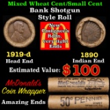 Small Cent Mixed Roll Orig Brandt McDonalds Wrapper, 1919-d Lincoln Wheat end, 1890 Indian other end