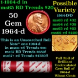 BU Shotgun Lincoln 1c roll, 1964-d 50 pcs Bank Wrapper 50c