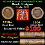 Small Cent Mixed Roll Orig Brandt McDonalds Wrapper, 1919-s Lincoln Wheat end, 1904 Indian other end