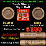 Small Cent Mixed Roll Orig Brandt McDonalds Wrapper, 1919-d Lincoln Wheat end, 1884 Indian other end