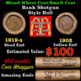 Small Cent Mixed Roll Orig Brandt McDonalds Wrapper, 1919-s Lincoln Wheat end, 1902 Indian other end