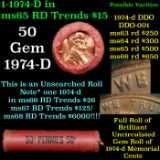 BU Shotgun Lincoln 1c roll, 1974-d 50 pcs Bank Wrapper 50c