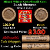 Small Cent Mixed Roll Orig Brandt McDonalds Wrapper, 1919-d Lincoln Wheat end, 1905 Indian other end