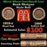 Small Cent Mixed Roll Orig Brandt McDonalds Wrapper, 1919-s Lincoln Wheat end, 1896 Indian other end