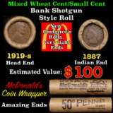 Small Cent Mixed Roll Orig Brandt McDonalds Wrapper, 1919-s Lincoln Wheat end, 1887 Indian other end