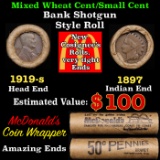 Small Cent Mixed Roll Orig Brandt McDonalds Wrapper, 1919-s Lincoln Wheat end, 1897 Indian other end