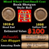 Small Cent Mixed Roll Orig Brandt McDonalds Wrapper, 1919-d Lincoln Wheat end, 1892 Indian other end
