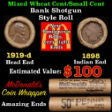 Small Cent Mixed Roll Orig Brandt McDonalds Wrapper, 1919-d Lincoln Wheat end, 1898 Indian other end