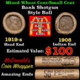 Small Cent Mixed Roll Orig Brandt McDonalds Wrapper, 1919-s Lincoln Wheat end, 1908 Indian other end