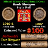 Small Cent Mixed Roll Orig Brandt McDonalds Wrapper, 1919-d Lincoln Wheat end, 1907 Indian other end