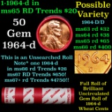 BU Shotgun Lincoln 1c roll, 1964-d 50 pcs Bank Wrapper 50c