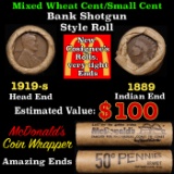 Small Cent Mixed Roll Orig Brandt McDonalds Wrapper, 1919-s Lincoln Wheat end, 1889 Indian other end