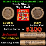 Small Cent Mixed Roll Orig Brandt McDonalds Wrapper, 1919-s Lincoln Wheat end, 1907 Indian other end