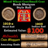 Small Cent Mixed Roll Orig Brandt McDonalds Wrapper, 1919-s Lincoln Wheat end, 1903 Indian other end