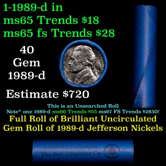 BU Shotgun Jefferson 5c roll, 1989-d 40 pcs Bank $2 Nickel Wrapper