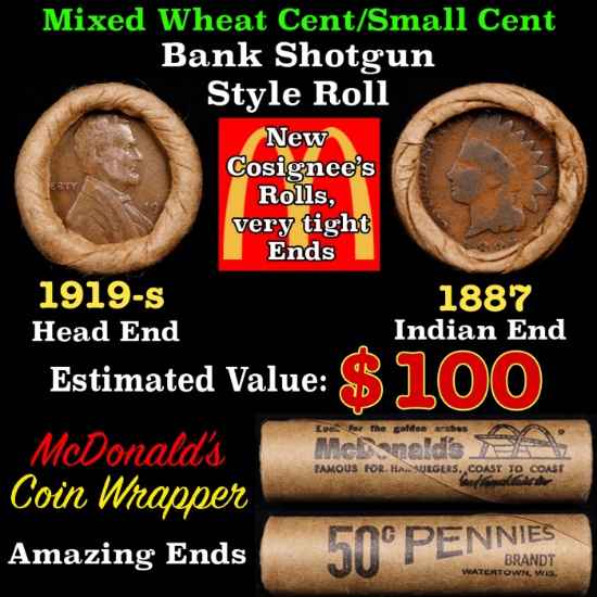Small Cent Mixed Roll Orig Brandt McDonalds Wrapper, 1919-s Lincoln Wheat end, 1887 Indian other end