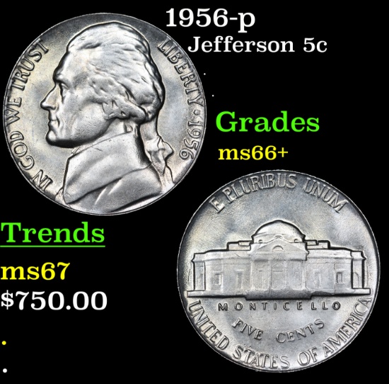 1956-p Jefferson Nickel 5c Grades GEM++ Unc