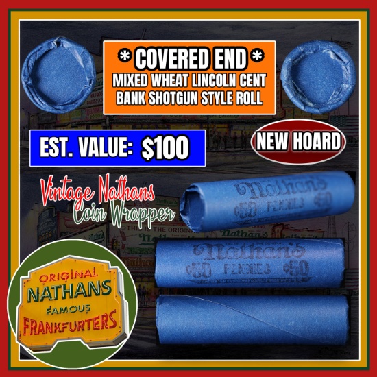 NEW! *Watchmaker’s Hoard* Original Covered End Nathans Mixed Lincoln Wheat Cent Roll 1c 50 Coins 190