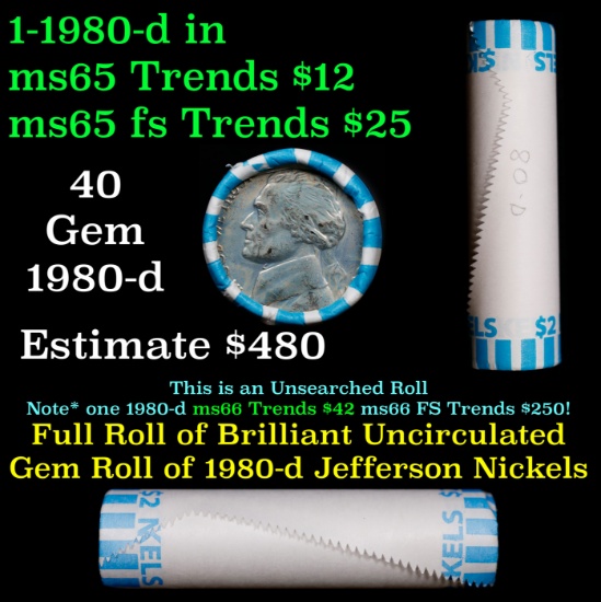 BU Shotgun Jefferson 5c roll, 1980-d 40 pcs Bank $2 Nickel Wrapper