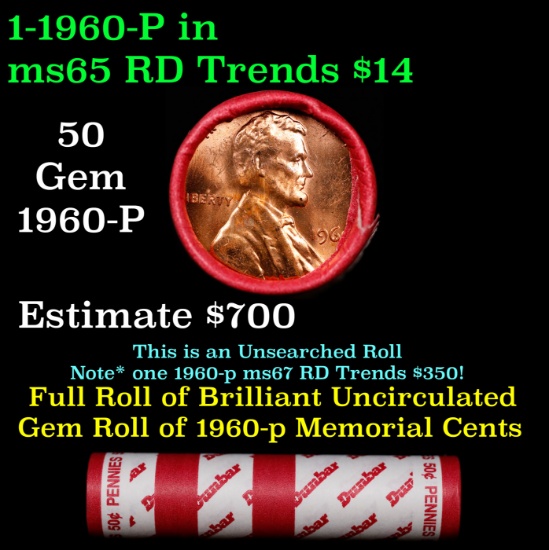 BU Shotgun Lincoln 1c roll, 1960-p 50 pcs Dunbar Wrapper 50c