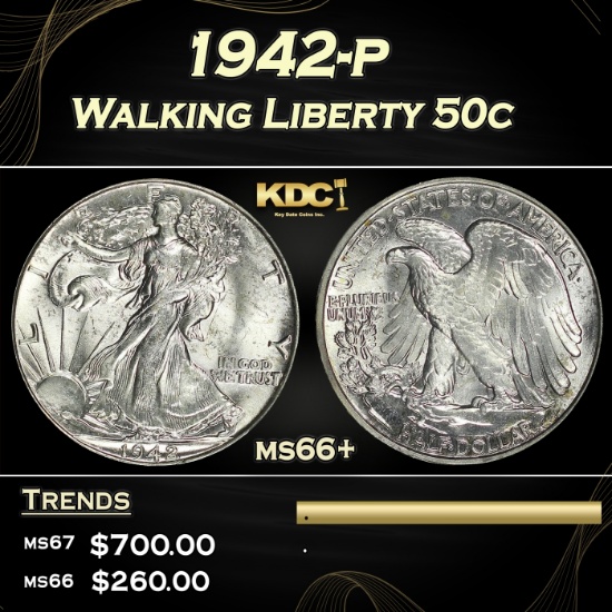 1942-p Walking Liberty Half Dollar 50c Grades GEM++ Unc