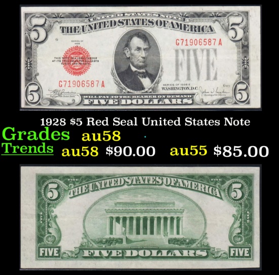 1928 $5 Red Seal United States Note Grades Choice AU/BU Slider