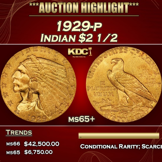 ***Major Highlight*** 1929-p Gold Indian Quarter Eagle $2 1/2 ms65+ SEGS (fc)