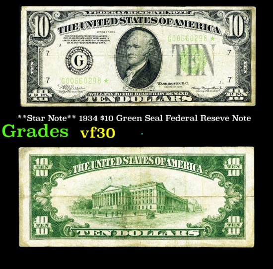 **Star Note** 1934 $10 Green Seal Federal Reseve Note Grades vf++