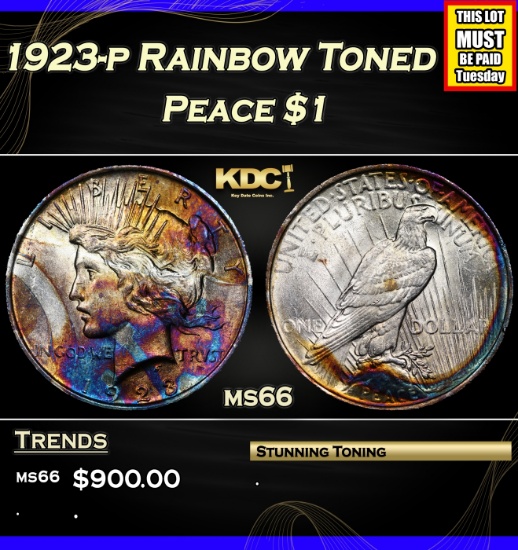 1923-p Peace Dollar Rainbow Toned $1 Grades GEM+ Unc
