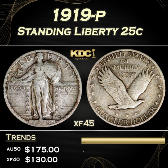 1919-p Standing Liberty Quarter 25c Grades xf+