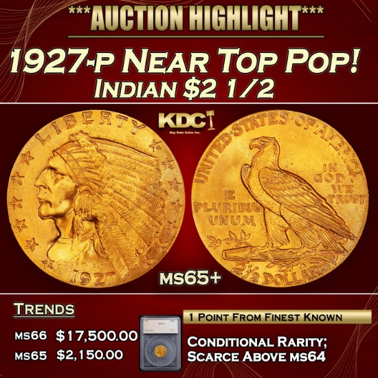 ***Major Highlight*** 1927-p Gold Indian Quarter Eagle Near Top Pop! $2 1/2 ms65+ SEGS (fc)