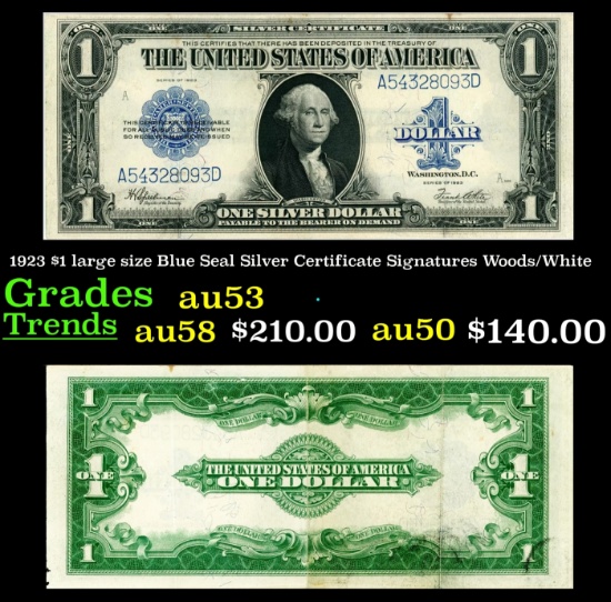 1923 $1 large size Blue Seal Silver Certificate Grades Select AU Signatures Woods/White