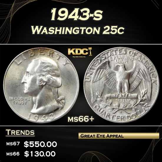 1943-s Washington Quarter 25c Grades GEM++ Unc