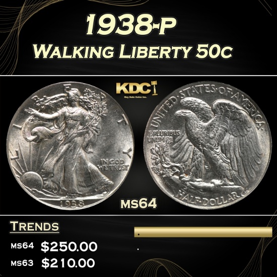 1938-p Walking Liberty Half Dollar 50c Grades Choice Unc