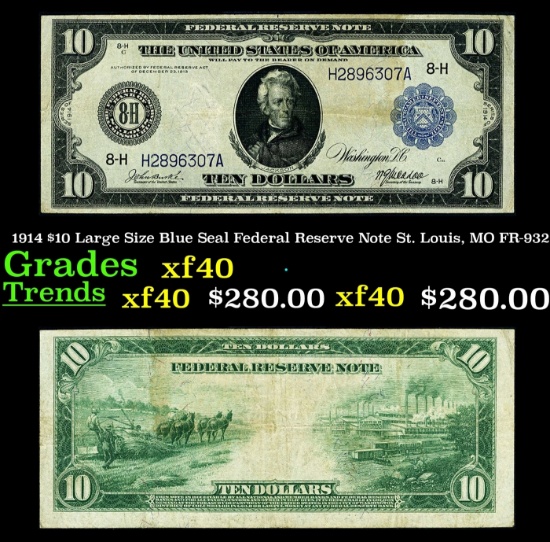 1914 $10 Large Size Blue Seal Federal Reserve Note St. Louis, MO Grades xf FR-932