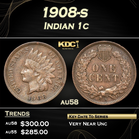 1908-s Indian Cent 1c Grades Choice AU/BU Slider