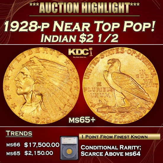 ***Major Highlight*** 1928-p Gold Indian Quarter Eagle Near Top Pop! $2 1/2 ms65+ SEGS (fc)