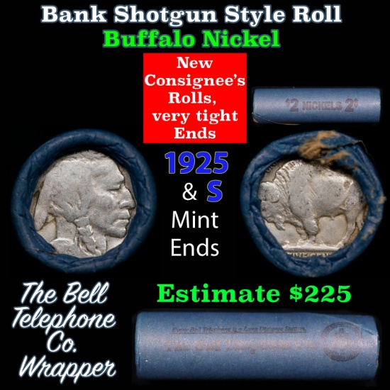 Buffalo Nickel Shotgun Roll in Old Bank Style 'Bell Telephone' Wrapper 1925 & s Mint Ends