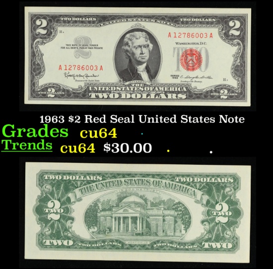 1963 $2 Red Seal United States Note Grades Choice CU