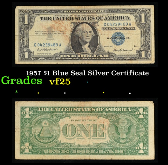 1957 $1 Blue Seal Silver Certificate Grades vf+