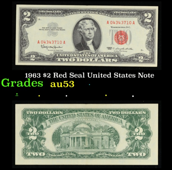 1963 $2 Red Seal United States Note Grades Select AU