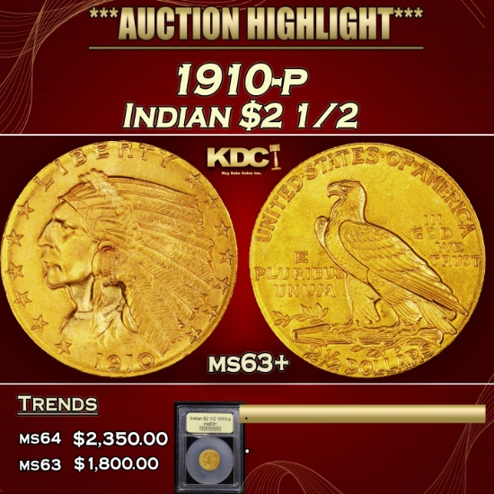*Highlight* 1910-p Gold Indian Quarter Eagle $2 1/2 Select+ Unc USCG (fc)