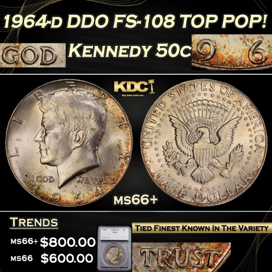 1964-d DDO Kennedy Half Dollar FS-108 50c ms66+ SEGS