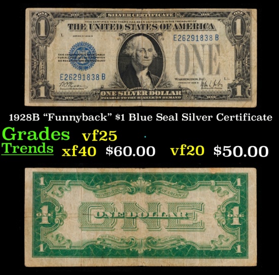 1928B "Funnyback" $1 Blue Seal Silver Certificate Grades vf+