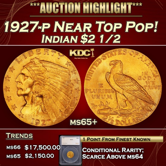 *Highlight* 1927-p Gold Indian Quarter Eagle Near Top Pop! $2 1/2 ms65+ SEGS (fc)
