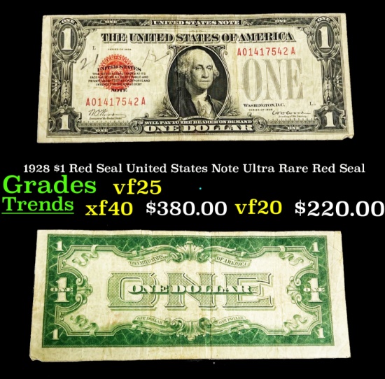1928 $1 Red Seal United States Note Ultra Rare Red Seal Grades vf+
