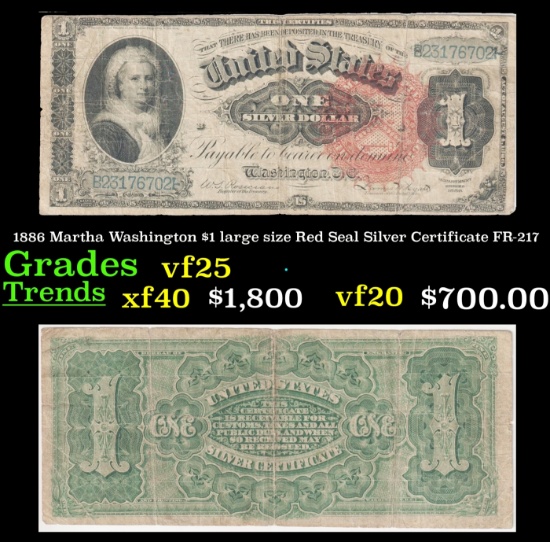 1886 Martha Washington $1 large size Red Seal Silver Certificate Grades vf+ FR-217