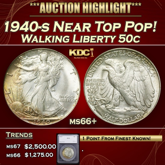 *Highlight* 1940-s Walking Liberty Half Dollar Near Top Pop! 50c ms66+ SEGS (fc)